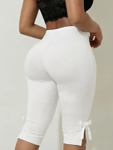 SHEIN SXY Solid Color Bow Tie Capri Leggings - White - View 3