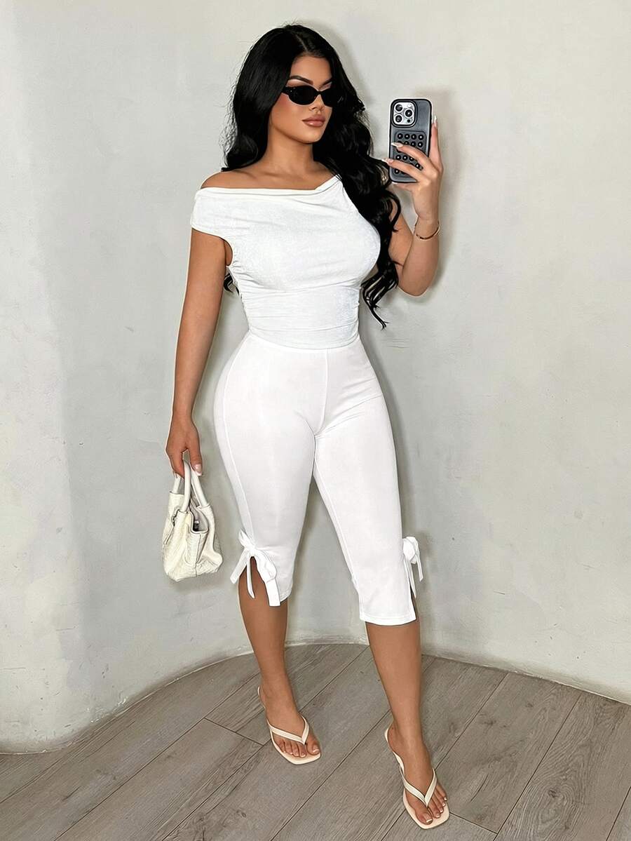 SHEIN SXY Solid Color Bow Tie Capri Leggings - White - View 1