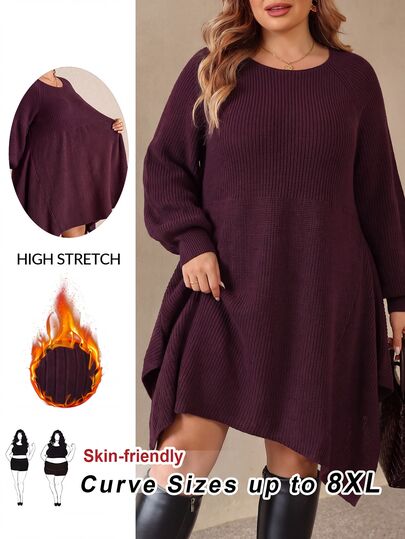SHEIN CURVE+ Women's Plus Size Dark Purple Asymmetrical Hem Lantern Sleeve Knit Dress Slimming Waist Autumn/Winter Fits 5XL-8XL Christmas Formal Elegant