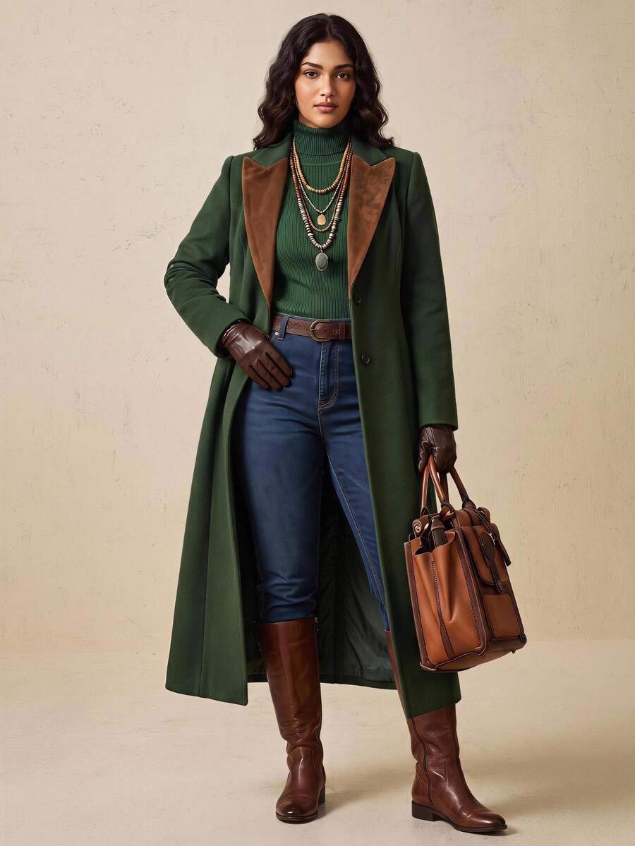 Nubod Dark Green Caramel Colorblock Velvet Collar Long Sleeve Wool Blend Long Coat, Plus Size, Autumn/Winter Office Evening Elegant Casual