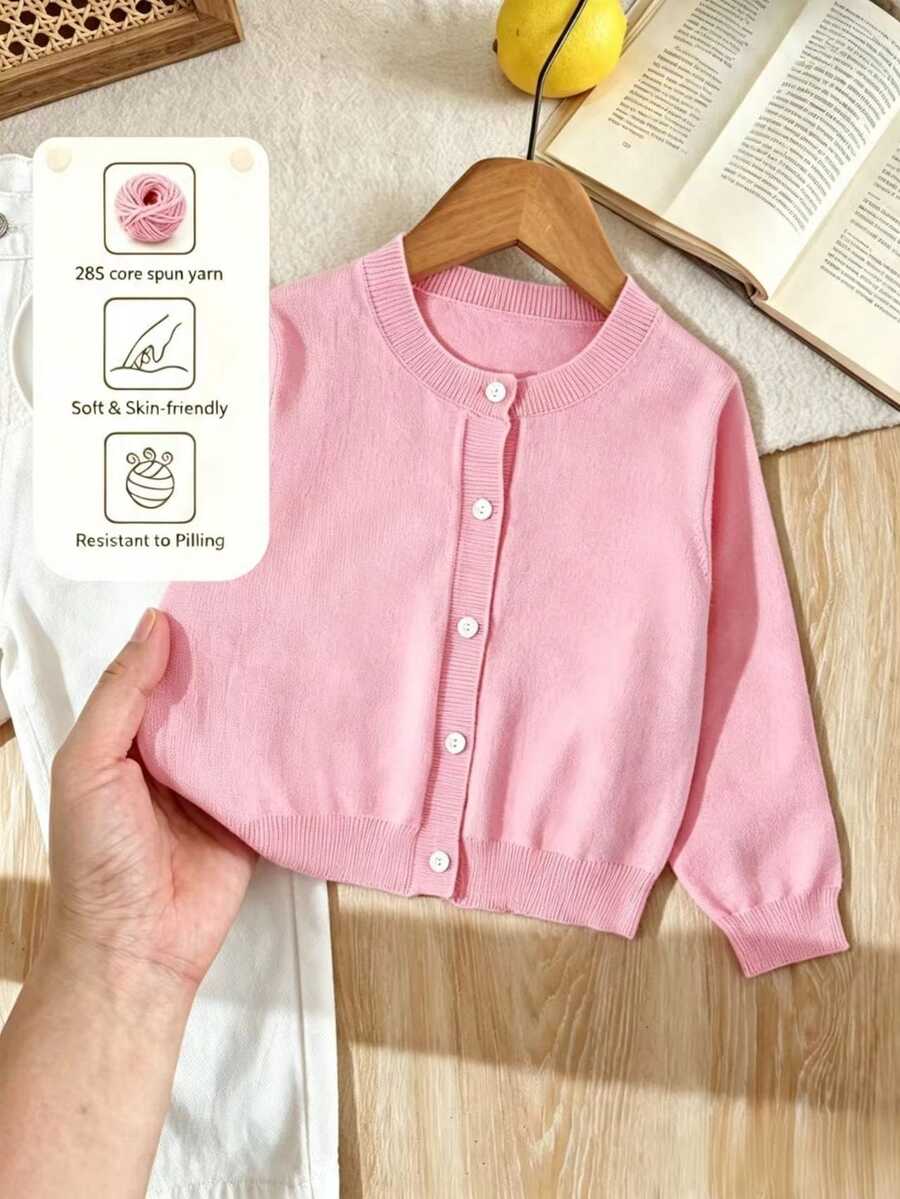 SHEIN Vintaside Kids Young Girl Solid Color Long Sleeve Single-Breasted Casual Knit Cardigan - Grey - View 1