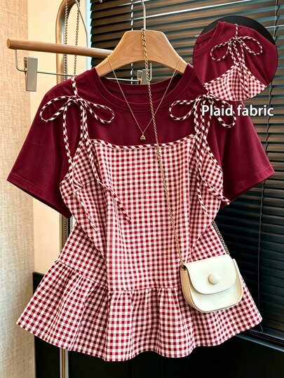 GlowEve CURVE Women's Plus Size Spring Summer Autumn Plaid Patchwork Knit Fabric Bowknot Round Neck Short Sleeve Cinched Waist Straight Hem Ruffle Hem Loose Casual Home Fashion Elegant Comfortable Beach Vacation Party Date Wedding Guest Outing Office Versatile 2 In 1 T-Shirt