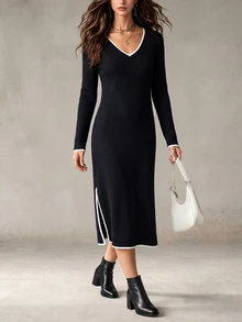 Elyressa Women's Trim V-Neck Long Sleeve Casual Loose Fit Dress Brunch Black And White Autumn - Multicolor - View 3
