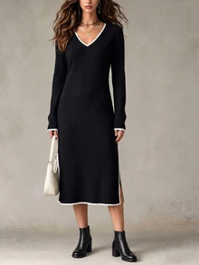 Elyressa Women's Trim V-Neck Long Sleeve Casual Loose Fit Dress Brunch Black And White Autumn - Multicolor - View 1