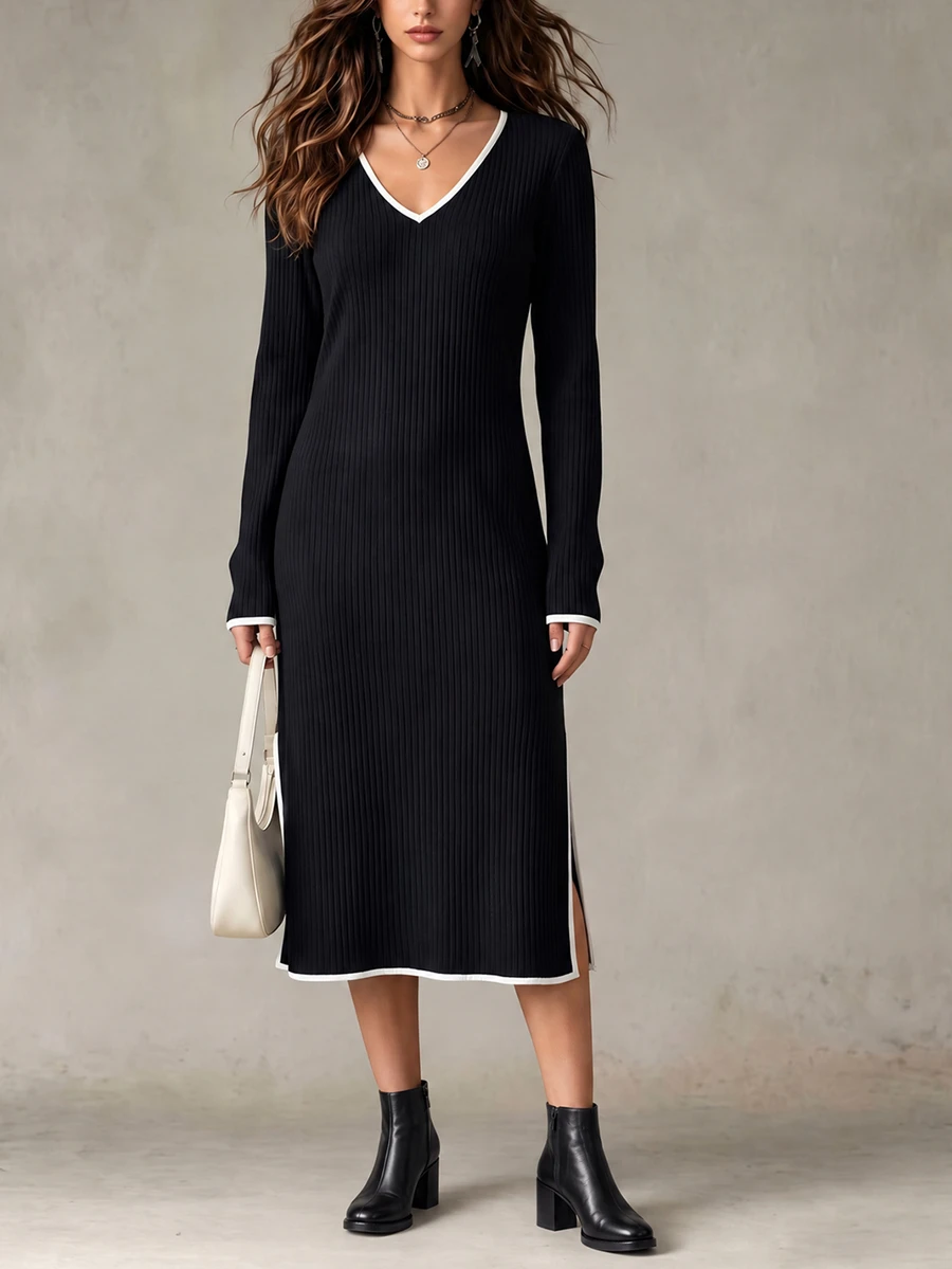 Elyressa Women's Trim V-Neck Long Sleeve Casual Loose Fit Dress Brunch Black And White Autumn - Multicolor - View 1