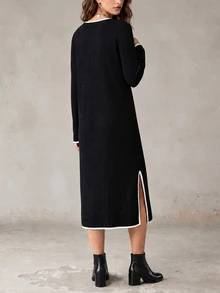 Elyressa Women's Trim V-Neck Long Sleeve Casual Loose Fit Dress Brunch Black And White Autumn - Multicolor - View 2