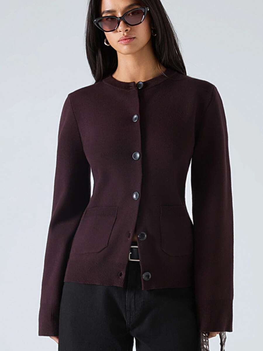 LYSMO 2025 New Women's Burgundy Autumn Chic Everyday Minimalist Solid Color Button-Up Cardigan,Casual Workwear Patchwork Pocket Sweater For Christmas,Winter - Mocha Brown - View 1