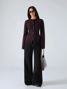 LYSMO 2025 New Women's Burgundy Autumn Chic Everyday Minimalist Solid Color Button-Up Cardigan,Casual Workwear Patchwork Pocket Sweater For Christmas,Winter - Mocha Brown - View 3