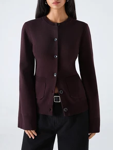 LYSMO 2025 New Women's Burgundy Autumn Chic Everyday Minimalist Solid Color Button-Up Cardigan,Casual Workwear Patchwork Pocket Sweater For Christmas,Winter - Mocha Brown - View 8