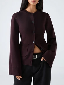 LYSMO 2025 New Women's Burgundy Autumn Chic Everyday Minimalist Solid Color Button-Up Cardigan,Casual Workwear Patchwork Pocket Sweater For Christmas,Winter - Mocha Brown - View 6