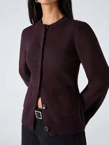 LYSMO 2025 New Women's Burgundy Autumn Chic Everyday Minimalist Solid Color Button-Up Cardigan,Casual Workwear Patchwork Pocket Sweater For Christmas,Winter - Mocha Brown - View 7