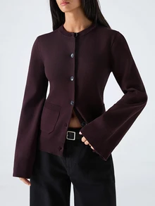 LYSMO 2025 New Women's Burgundy Autumn Chic Everyday Minimalist Solid Color Button-Up Cardigan,Casual Workwear Patchwork Pocket Sweater For Christmas,Winter - Mocha Brown - View 5