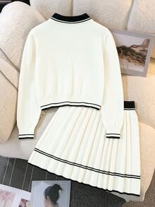 SHEIN 女童秋冬時尚愛心蝴蝶結針織長袖開襟衫與黑色裙子套裝套頭衫 - 黑與白 - 查看 10