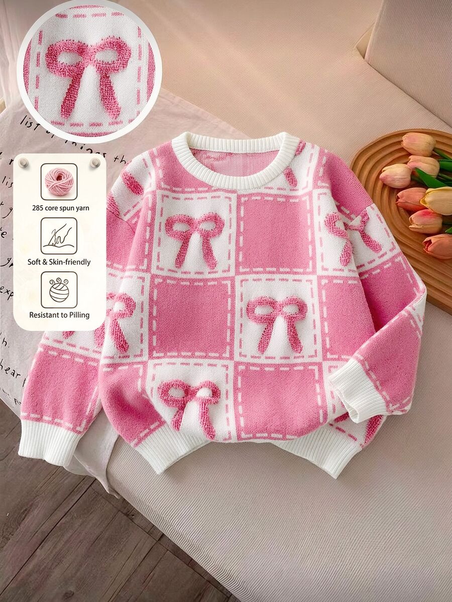 SHEIN Girls' Round-Neck Pullover Long-Sleeved Sweater In Cute Pink Made Of Artificial Mink Fur With A Ro - Pink - View 1