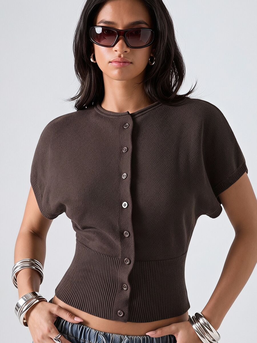 LYSMO Women's Solid Color Batwing Short Sleeve Single-Breasted Knit Cardigan - Coffee Brown - View 1