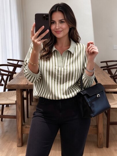 Weeklong Plus Size Women's Striped Colorblock Casual Versatile Daily Wear Shirt Fall