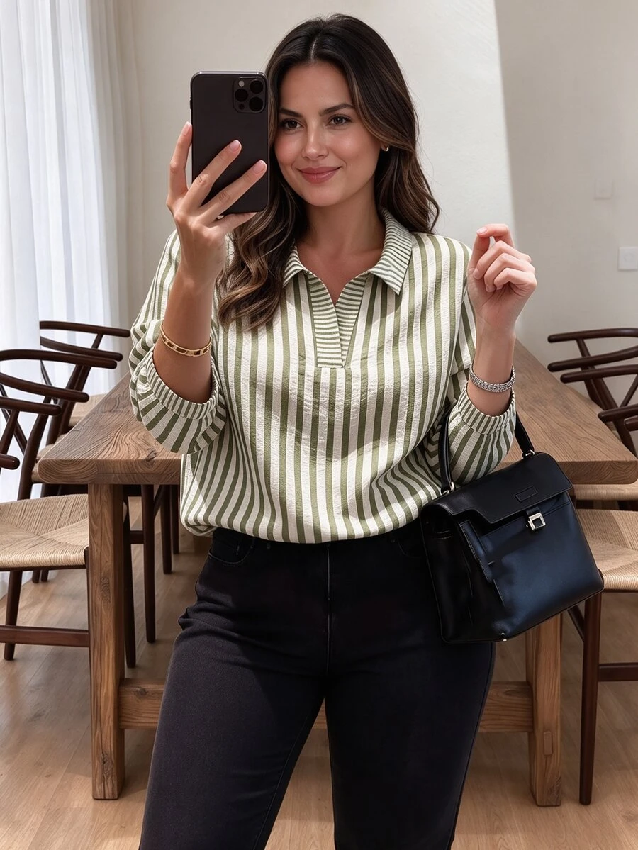 Weeklong Plus Size Women's Striped Colorblock Casual Versatile Daily Wear Shirt Fall - Multicolor - View 1