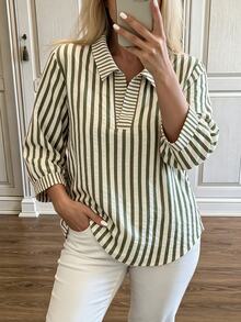 Weeklong Plus Size Women's Striped Colorblock Casual Versatile Daily Wear Shirt Fall - Multicolor - View 7