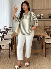 Weeklong Plus Size Women's Striped Colorblock Casual Versatile Daily Wear Shirt Fall - Multicolor - View 5