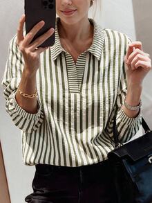 Weeklong Plus Size Women's Striped Colorblock Casual Versatile Daily Wear Shirt Fall - Multicolor - View 2