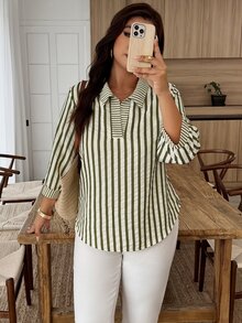 Weeklong Plus Size Women's Striped Colorblock Casual Versatile Daily Wear Shirt Fall - Multicolor - View 8