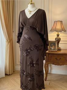Rometta Gaun Panjang Dua Lapis Bordir Model Cape Lengan Bergelombang Leher V Warna Kopi Vintage Elegan untuk Wanita Ukuran Plus - Coffee Brown - View 10