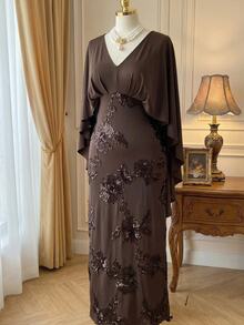 Rometta Gaun Panjang Dua Lapis Bordir Model Cape Lengan Bergelombang Leher V Warna Kopi Vintage Elegan untuk Wanita Ukuran Plus - Coffee Brown - View 7