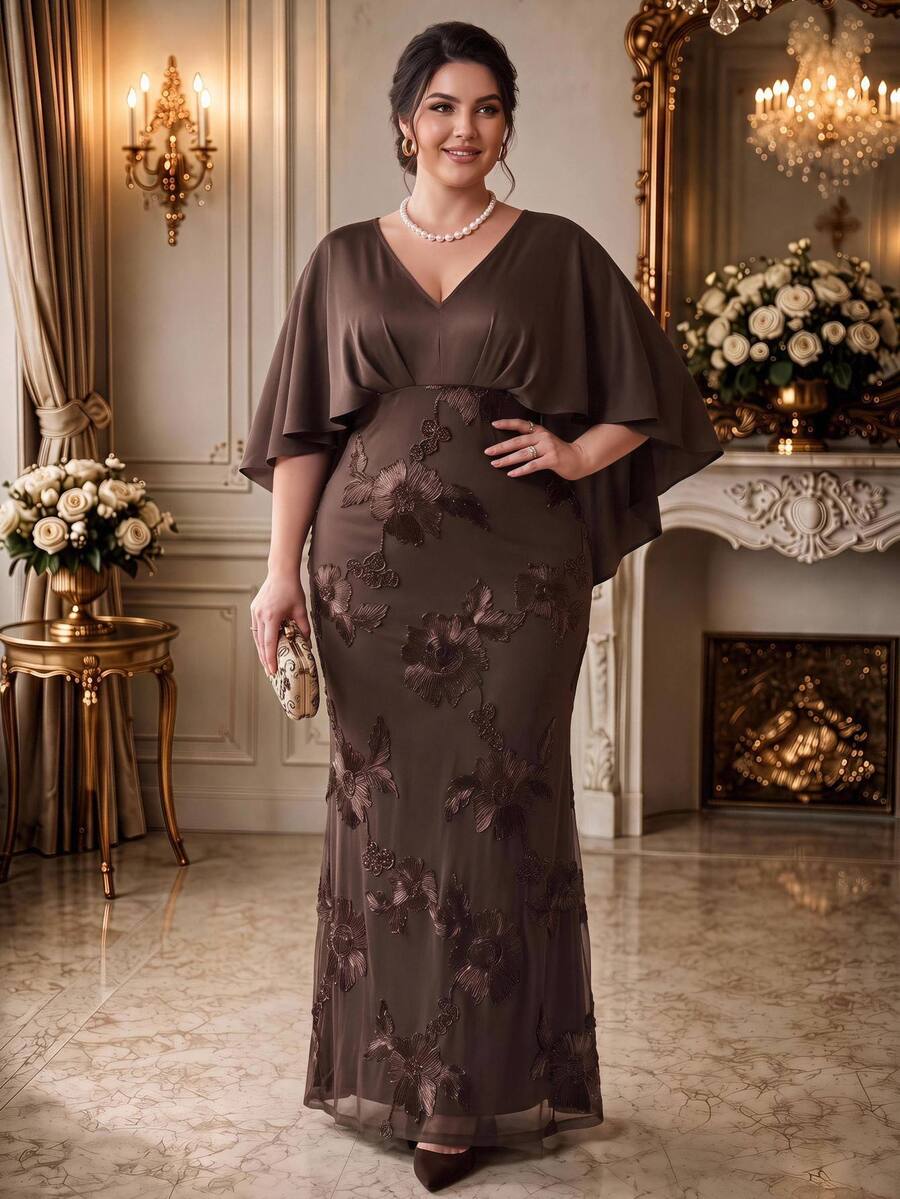 Rometta Gaun Panjang Dua Lapis Bordir Model Cape Lengan Bergelombang Leher V Warna Kopi Vintage Elegan untuk Wanita Ukuran Plus - Coffee Brown - View 1