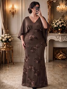 Rometta Gaun Panjang Dua Lapis Bordir Model Cape Lengan Bergelombang Leher V Warna Kopi Vintage Elegan untuk Wanita Ukuran Plus - Coffee Brown - View 9
