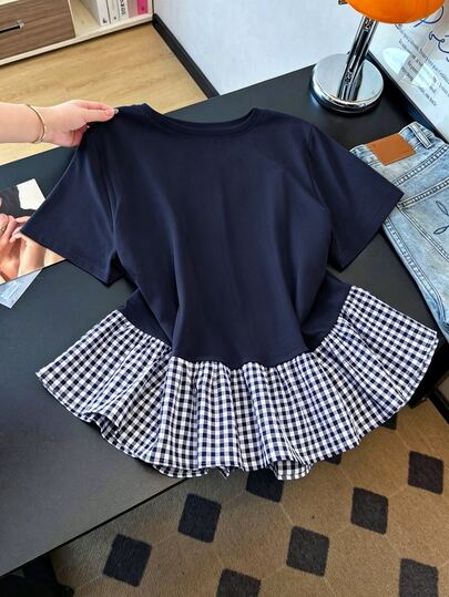 GlowEve CURVE Women's Plus Size Spring Summer Autumn Plaid Patchwork Knit Fabric Bowknot Round Neck Short Sleeve Cinched Waist Straight Hem Ruffle Hem Loose Casual Home Fashion Elegant Comfortable Beach Vacation Party Date Wedding Guest Outing Office Versatile 2 In 1 T-Shirt