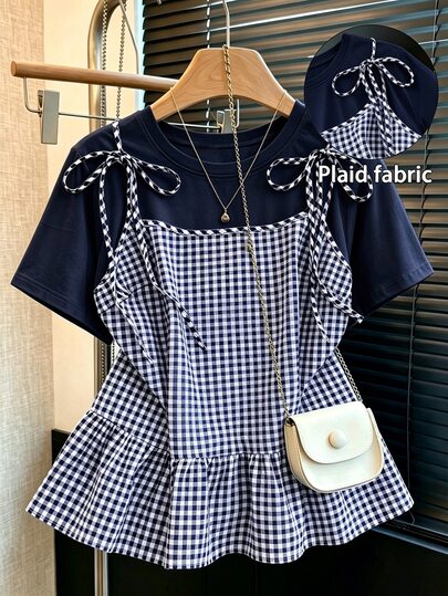 GlowEve CURVE Women's Plus Size Spring Summer Autumn Plaid Patchwork Knit Fabric Bowknot Round Neck Short Sleeve Cinched Waist Straight Hem Ruffle Hem Loose Casual Home Fashion Elegant Comfortable Beach Vacation Party Date Wedding Guest Outing Office Versatile 2 In 1 T-Shirt