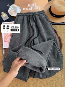 SHEIN CURVE+ Plus Size Autumn/Winter Casual Thermal Lined Sweatpants - Grey - View 3