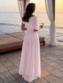 Aloruh Women's Summer Elegant Ruched Asymmetrical Neck Waist Cinched Long Dress Vacation Blush Pink, Graduation Clothing - Pink - View 2