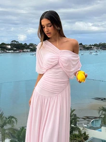 Aloruh Women's Summer Elegant Ruched Asymmetrical Neck Waist Cinched Long Dress Vacation Blush Pink, Graduation Clothing - Pink - View 4