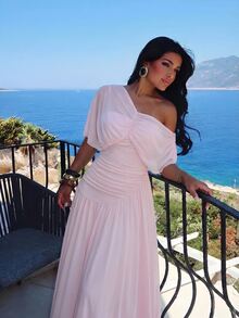Aloruh Women's Summer Elegant Ruched Asymmetrical Neck Waist Cinched Long Dress Vacation Blush Pink, Graduation Clothing - Pink - View 8