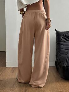 SHEIN Tall CURVE 大尺碼女款街頭風外出套裝，彈性腰頭舒適灰色 - 卡其色 - 查看 2