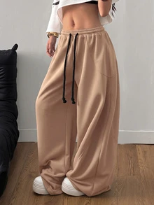 SHEIN Tall CURVE 大尺碼女款街頭風外出套裝，彈性腰頭舒適灰色 - 卡其色 - 查看 3