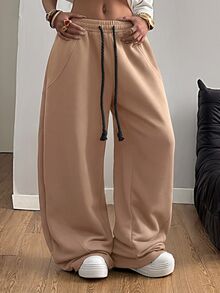 SHEIN Tall CURVE 大尺碼女款街頭風外出套裝，彈性腰頭舒適灰色 - 卡其色 - 查看 5