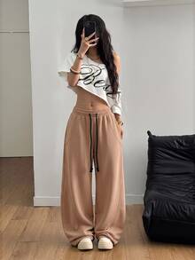 SHEIN Tall CURVE 大尺碼女款街頭風外出套裝，彈性腰頭舒適灰色 - 卡其色 - 查看 4