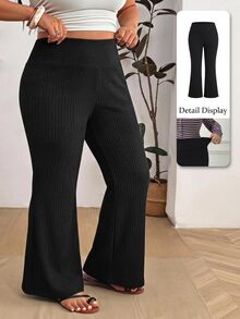 SHEIN CURVE+ Plus Size Ribbed Black Flare Pants, High Waist Stretch Slim Fit Trousers - Black - View 10