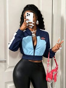 BamGleam Women's Athleisure Autumn Contrast Color Block Zip-Up Short Jacket, Fashion & Versatile Day Y2k - Blue - View 8