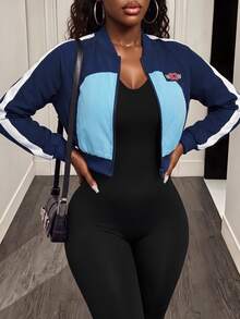 BamGleam Women's Athleisure Autumn Contrast Color Block Zip-Up Short Jacket, Fashion & Versatile Day Y2k - Blue - View 5