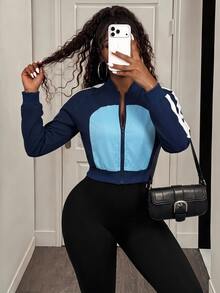 BamGleam Women's Athleisure Autumn Contrast Color Block Zip-Up Short Jacket, Fashion & Versatile Day Y2k - Blue - View 6