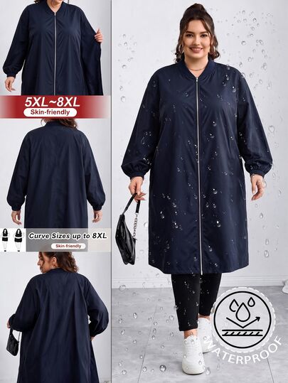 SHEIN CURVE+ Plus Size Women's Mid-Length Solid Color Jacket With Pockets