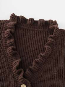 SHEIN Brown Textured Knit Ruffle Two Pieces Set For Autumn & Winter, Ruffled V-Neck Button Cardigan + Straight Leg Pants Set, Loose Casual Daily Outfit For W - Chocolate Brown - View 4