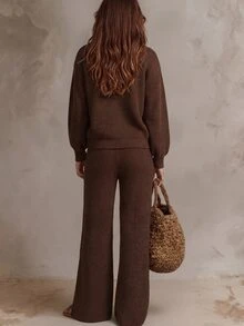 SHEIN Brown Textured Knit Ruffle Two Pieces Set For Autumn & Winter, Ruffled V-Neck Button Cardigan + Straight Leg Pants Set, Loose Casual Daily Outfit For W - Chocolate Brown - View 3