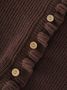 SHEIN Brown Textured Knit Ruffle Two Pieces Set For Autumn & Winter, Ruffled V-Neck Button Cardigan + Straight Leg Pants Set, Loose Casual Daily Outfit For W - Chocolate Brown - View 7