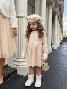 SHEIN 2件組幼女A字洋裝套裝，甜美公主風，粉色與白色，大蝴蝶結，麻花編織毛茸茸長袖圓領，生日、秋冬、聖誕節假期穿搭 - 彩色 - 查看 8