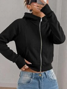 SHEIN EZwear 女款休閒基礎舒適黑色長袖連帽衛衣（秋冬款）運動女裝秋冬套裝 - 黑色 - 查看 4