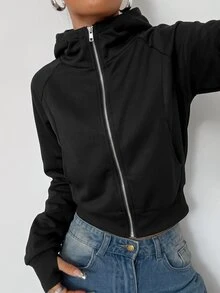 SHEIN EZwear 女款休閒基礎舒適黑色長袖連帽衛衣（秋冬款）運動女裝秋冬套裝 - 黑色 - 查看 5